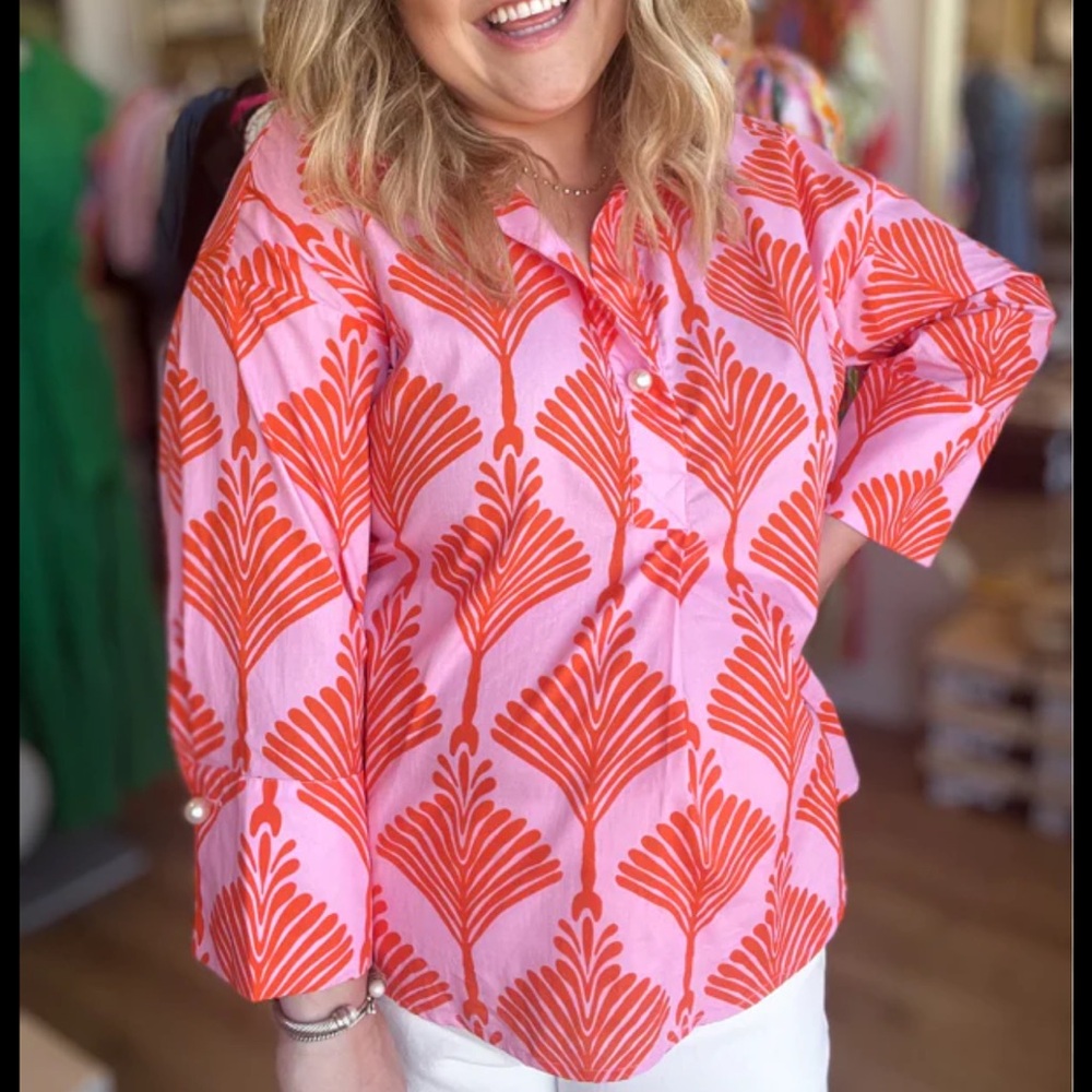 NWT JODIFL Summer Blouse Pink and Orange Patterned Top Size S